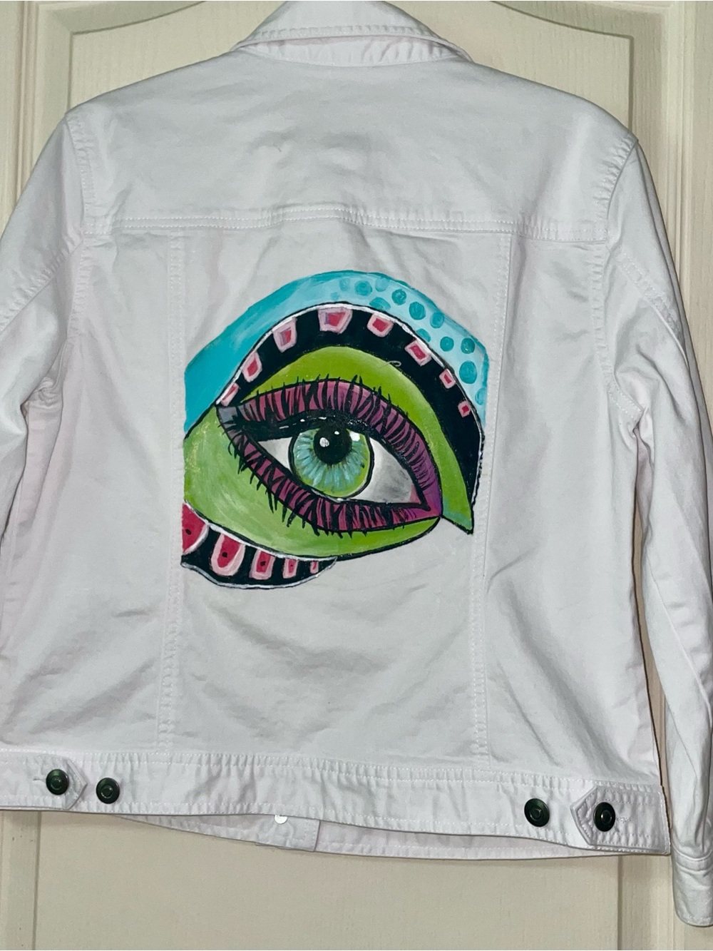 Ruby Rd. White Denim-Style Button Front Jacket up cycled, with original artwork